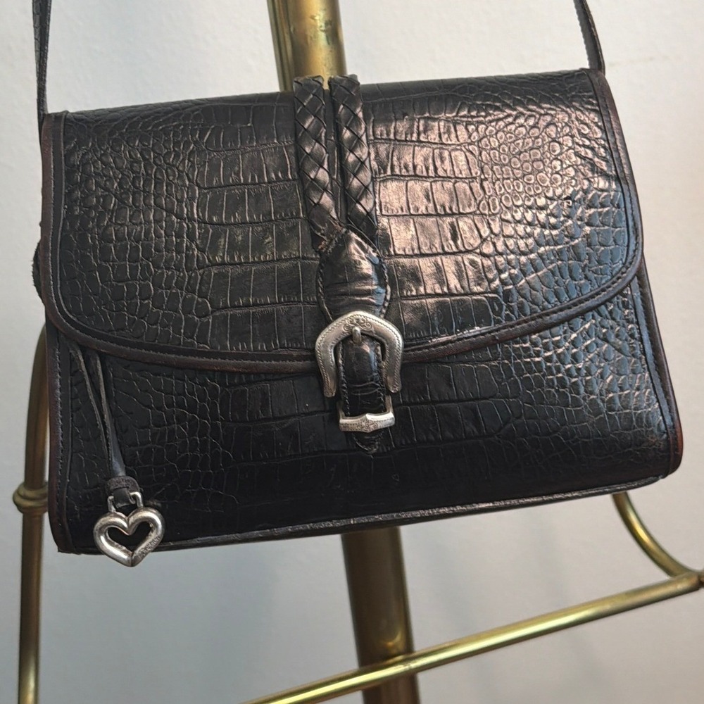 Brighton Croc Embossed Leather Crossbody Bag Brown Western Heart Charm Buckle